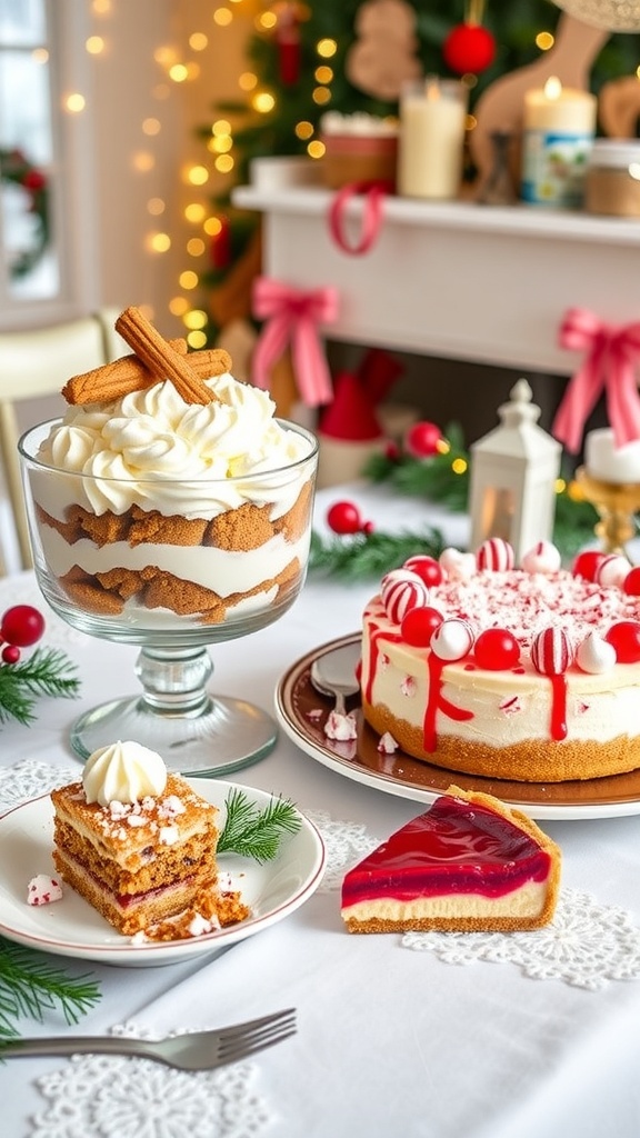 A festive assortment of unique Christmas desserts: gingerbread trifle, peppermint bark cheesecake, and cranberry orange tart on a holiday table.